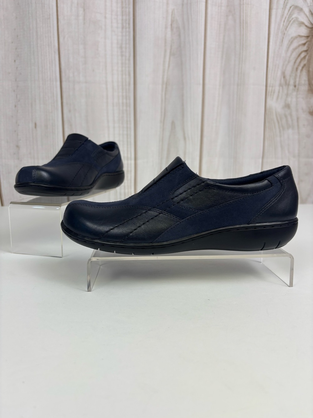 Clark Bingo Q Loafers Leather Slip-On Office Casual Comfort Flats Navy Size 6W
